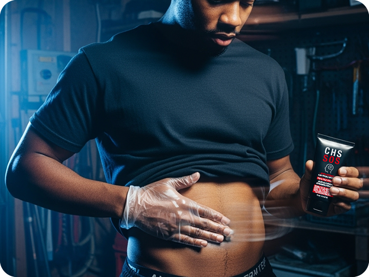 Person applying cream to abdomen